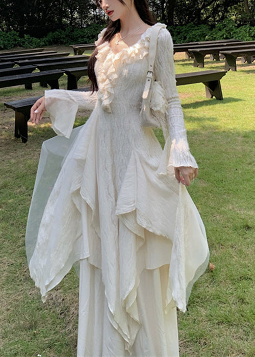 Beige Asymmetrical Ruffled Tulle Patchwork Cotton Dresses Flare Sleeve