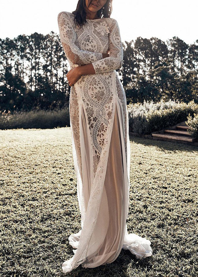 White Backless Hollow Out Lace Maxi Dresses Spring
