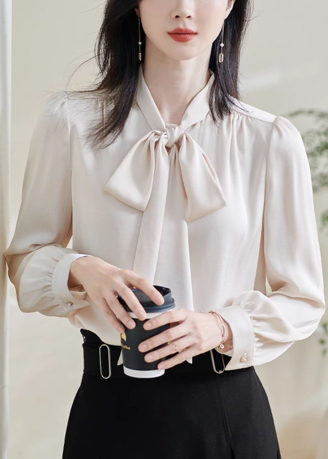 Stylish Apricot Bow Silk Shirts Fall