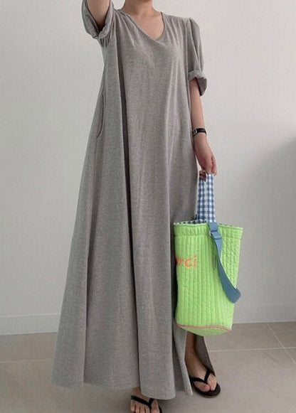 Loose Grey O-neck Cozy Knit Long Dress Summer