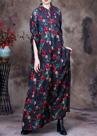 Black Stand Collar Print Side Open Silk Long Dresses Long Sleeve