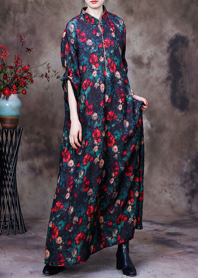 Black Stand Collar Print Side Open Silk Long Dresses Long Sleeve
