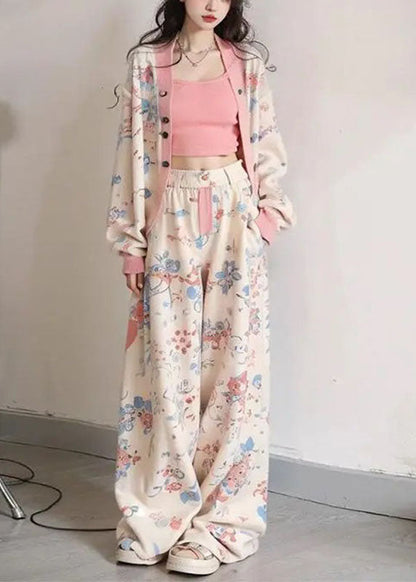 Apricot V Neck Print Coats Vest and Wide Leg Pants Three Pieces Set Long Sleeve