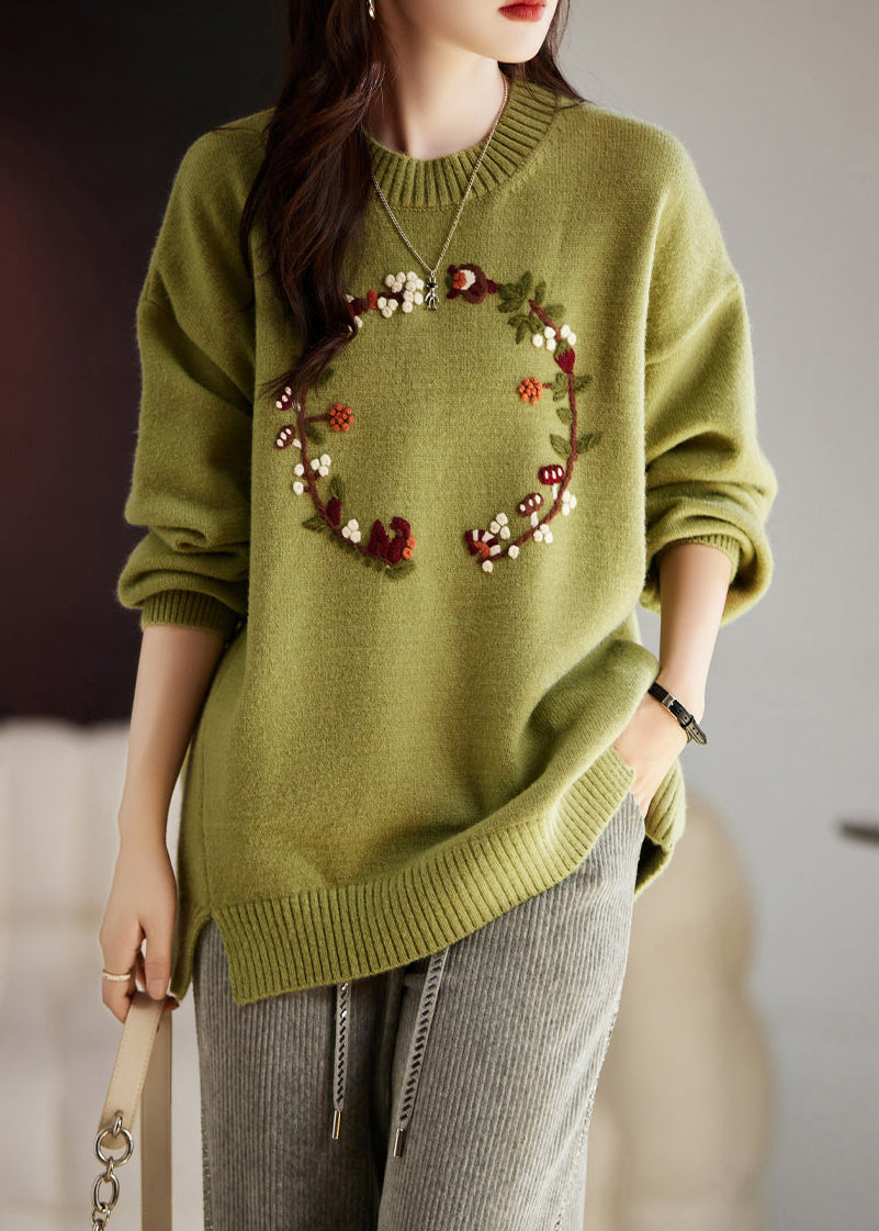 Art Grass Green Embroideried Thick Knit Sweater Tops Winter