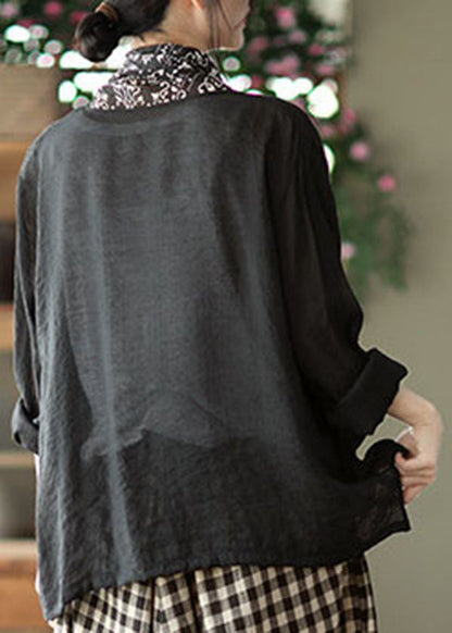 Black Turtle Neck Patchwork Linen Upf 50+ Coat Long Sleeve