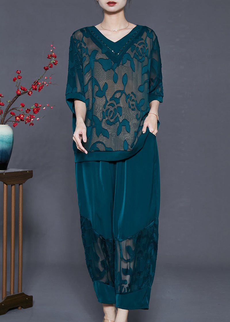 Dull Green Oversized Patchwork Silk Two Piece Set Summer