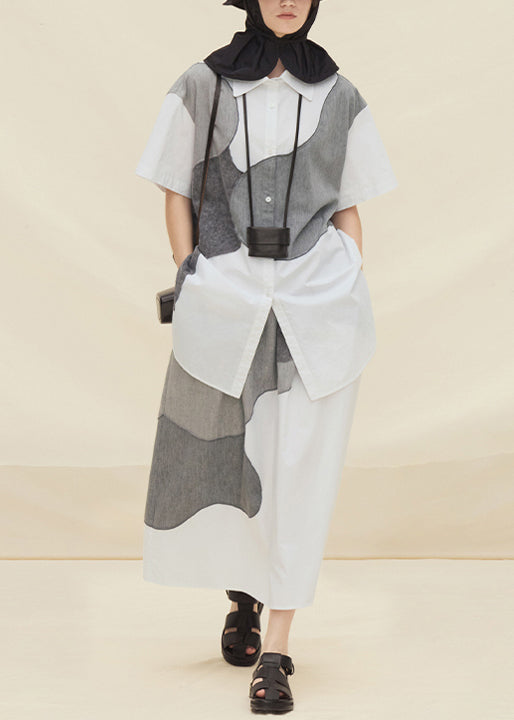 Light Grey Peter Pan Collar Patchwork Cotton Two Pieces Set Summer
