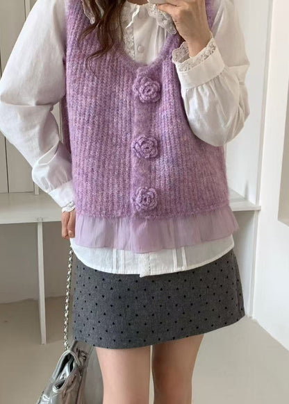 Purple Patchwork Knit Vests V Neck Decorated Spring