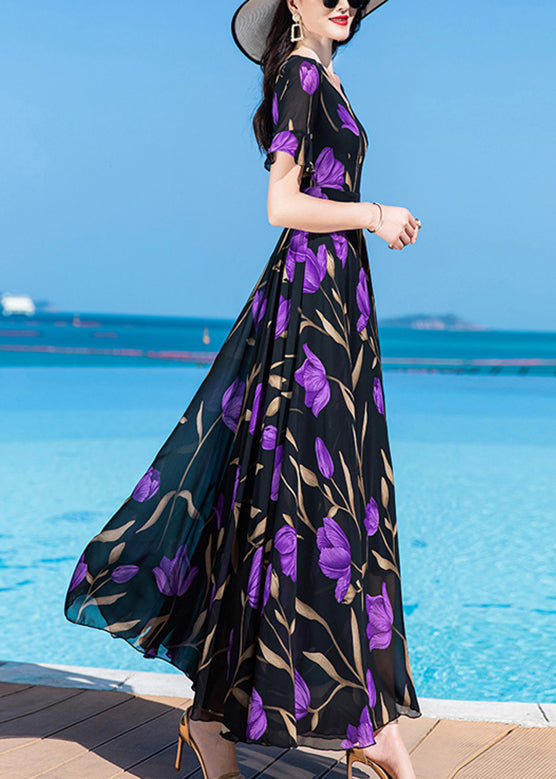 Black Print Tunic Silk Maxi Traveling Dress Short Sleeve