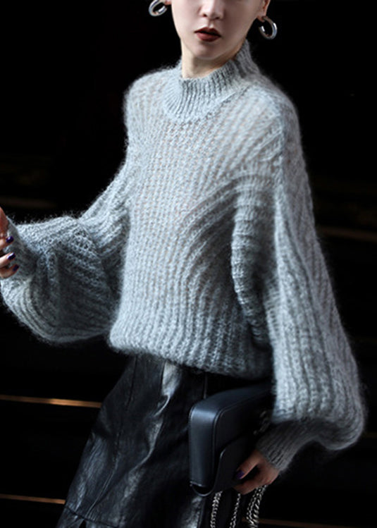 Blue O-neck Ma Hai Mao Knit Sweater Lantern Sleeve