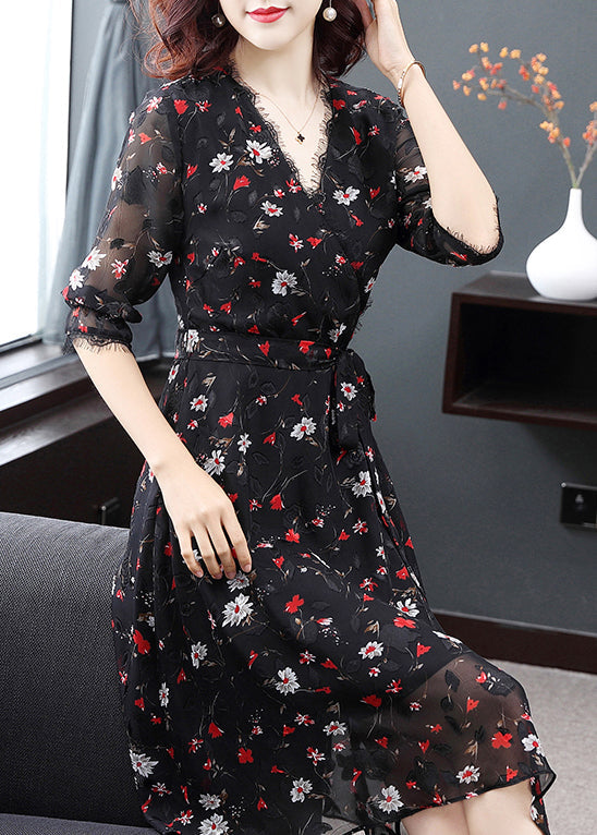 Black V Neck Tie Waist Print Chiffon Party Dress Half Sleeve
