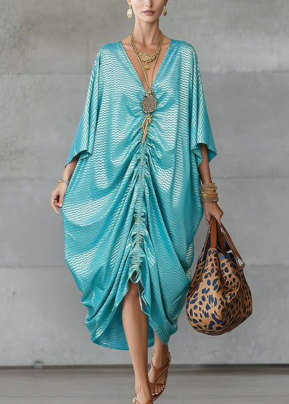Loose Green V Neck Asymmetrical Design Drawstring Dresses Summer