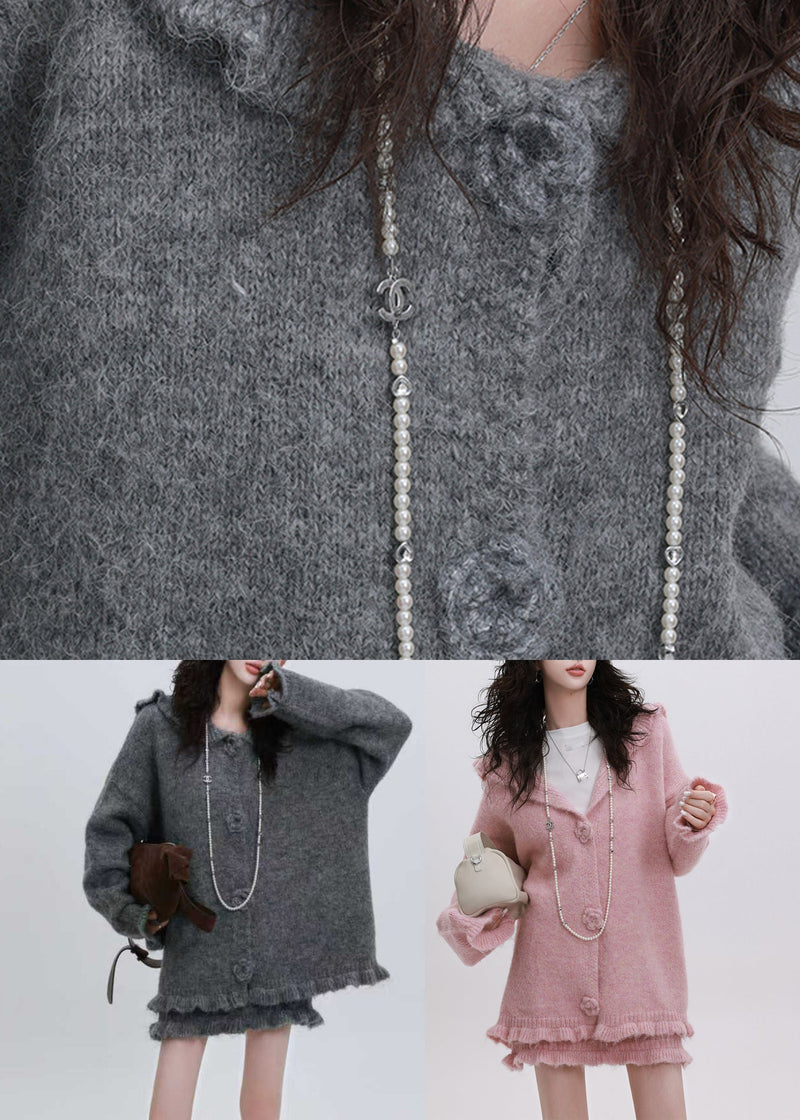 Pink Ruffled Patchwork Cotton Knit Hooded Cardigan and Skirts Two Piece Set Spring