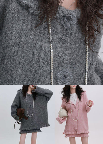 Pink Ruffled Patchwork Cotton Knit Hooded Cardigan and Skirts Two Piece Set Fall
