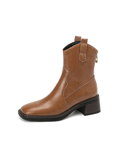 Brown Boots Chunky Faux Leather Splicing Zippered