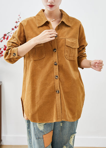 Yellow Oversized Pockets Corduroy Coats Fall