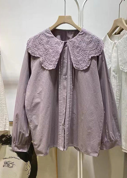 Purple Ruffled Hollow Out Cotton Blouse Tops Spring