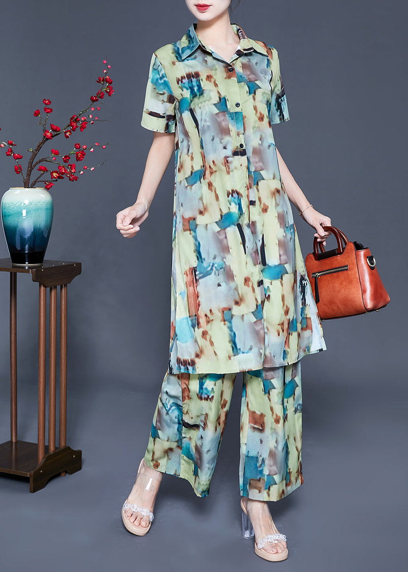 Loose Peter Pan Collar Print Silk Long Shirt and Straight Pants Two Piece Set Summer