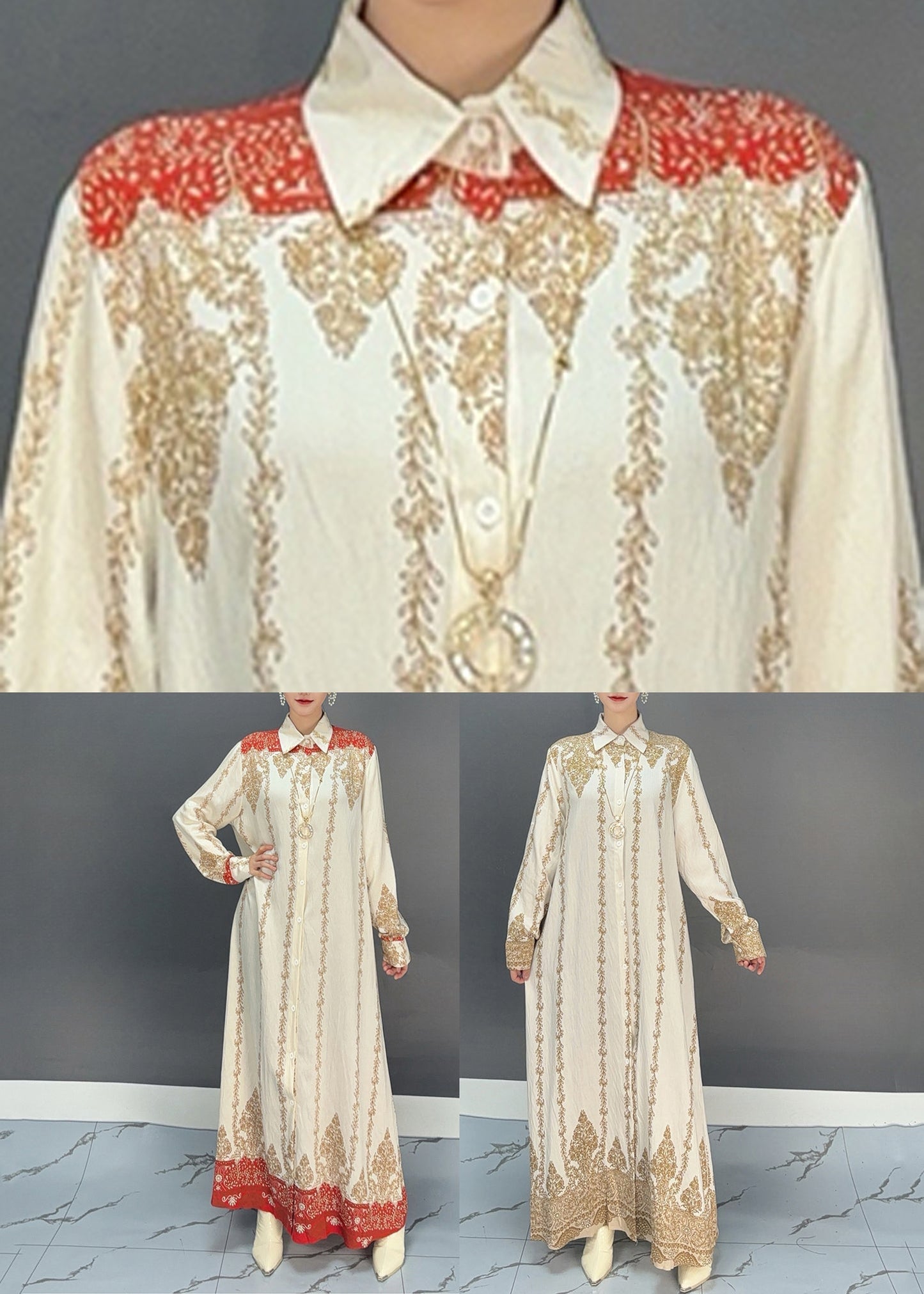 Red Print Button Holiday Maxi Shirts Dresses Fall