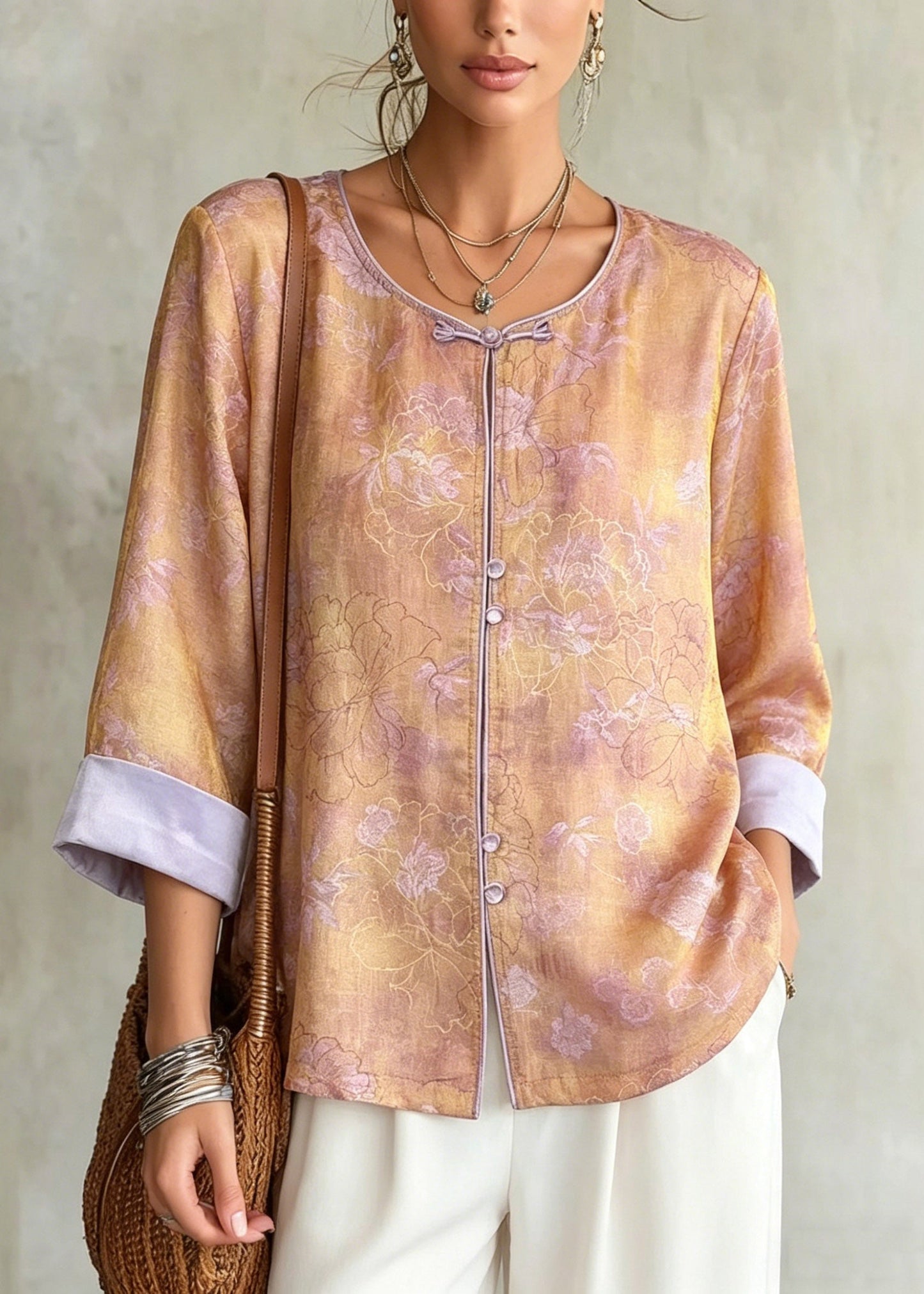 Style Orange O-neck Patchwork Silk Shirts Fall