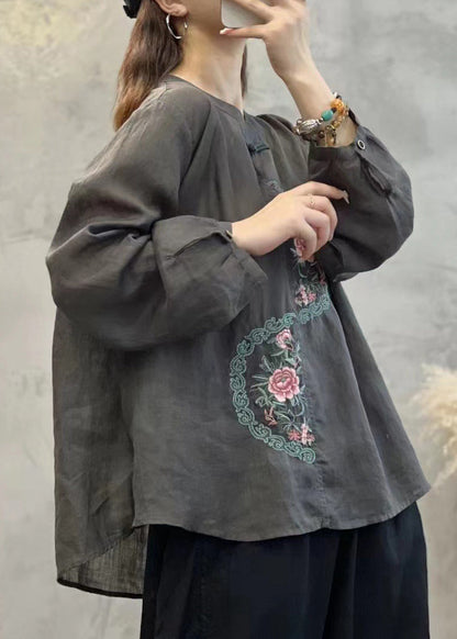 Retro Grey O-neck Embroideried Linen Shirt Top Lantern Sleeve
