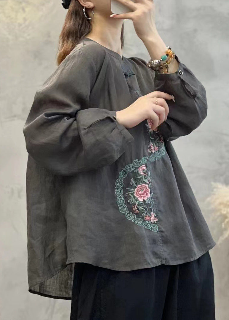 Retro Grey O-neck Embroideried Linen Shirt Top Lantern Sleeve