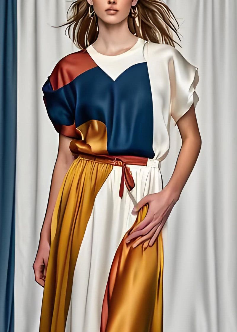 Boutique Colorblock O Neck Tops and Skirts Silk Dress Summer