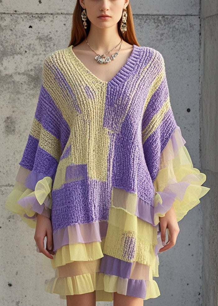 Purple Ruffled Patchwork Knit Sweater Dress Fall