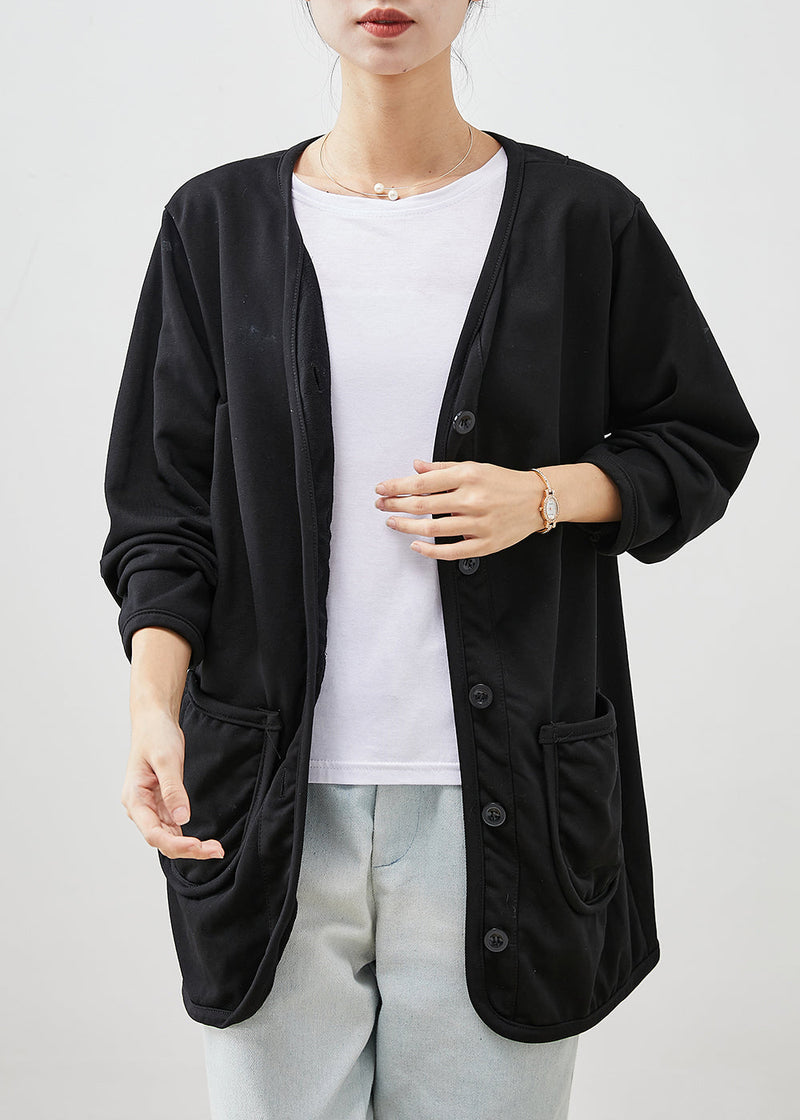 Black V Neck Pockets Cotton Coats Spring