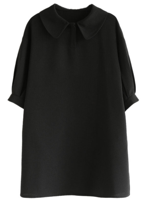 French Black Peter Pan Collar Waffle Cotton Vacation Mid Dress Bracelet Sleeve