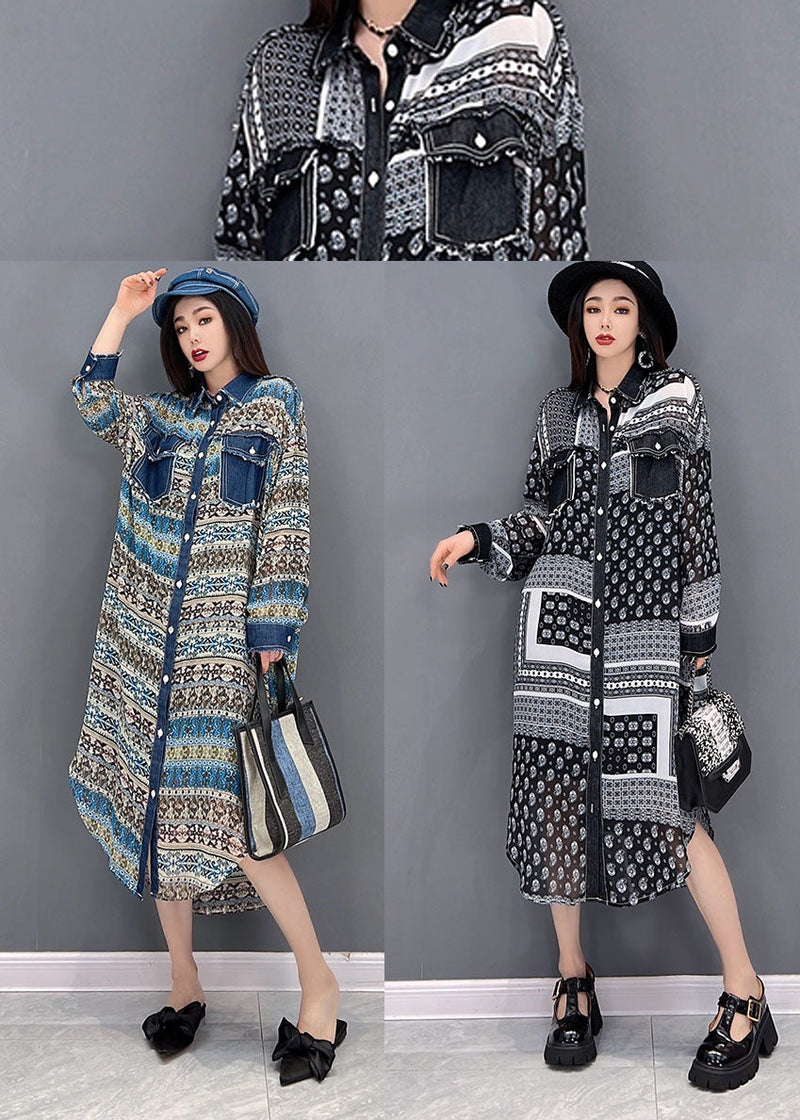 Blue Peter Pan Collar Denim Patchwork Chiffon Shirt Dress Long Sleeve