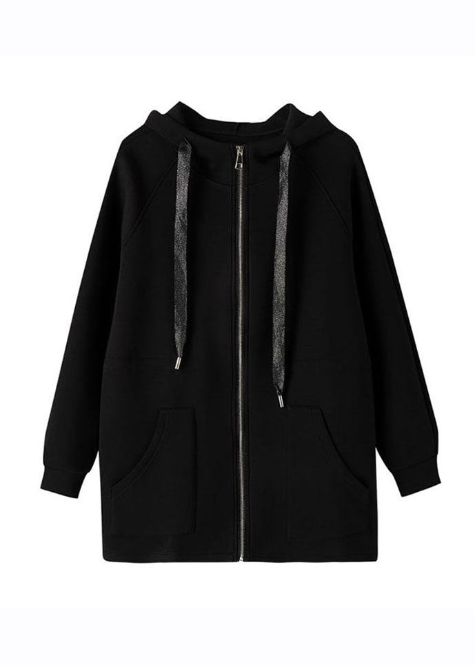 Black Drawstring Zippered Hooded Coat Fall
