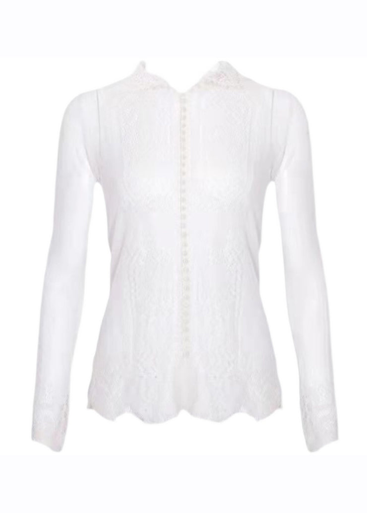 White V Neck Pearl Button Lace Shirt Long Sleeve
