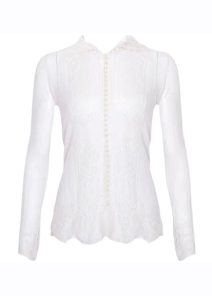 White V Neck Pearl Button Lace Shirt Long Sleeve