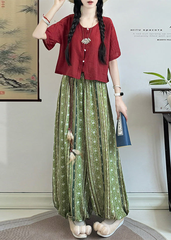 Red Tasseled Print Cotton Lantern Pants Fall