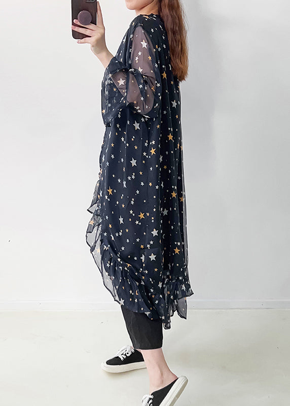 Navy Ruffled Print Chiffon Upf 50+ Cardigan Summer