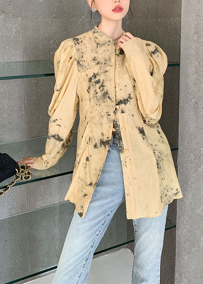 Italian Khaki Stand Collar Tie Dye Cotton Shirts Top Spring