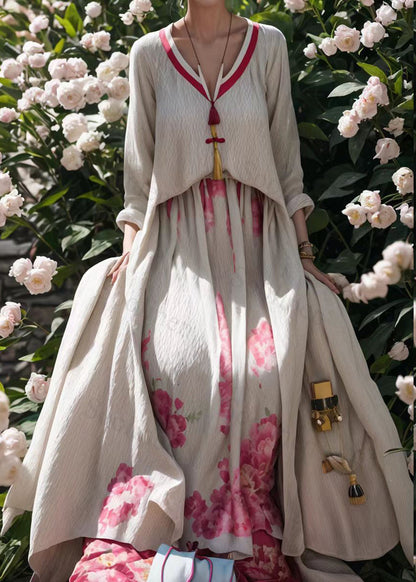 Apricot V Neck Print Wrinkled Silk Maxi Dresses Fall