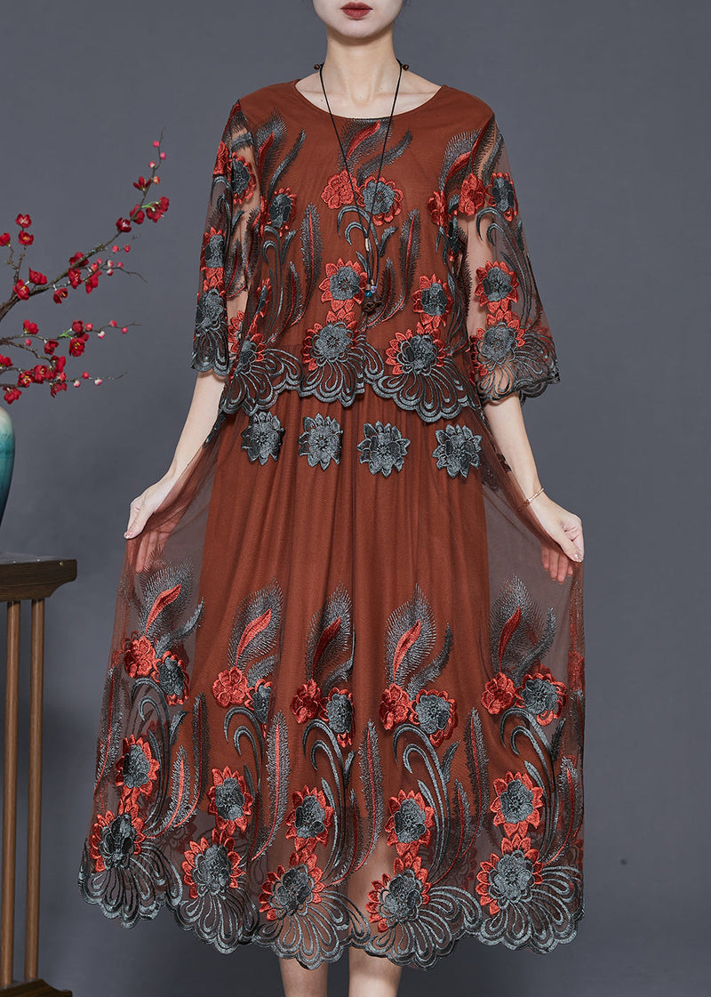 Brown Hollow Out Tulle Party Dress Embroidered Summer