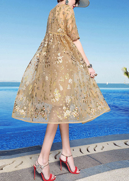 Unique Yellow Embroidered Patchwork Tulle Maxi Dress Summer