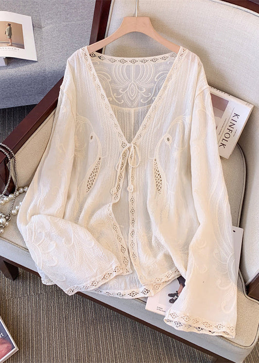 Apricot V Neck Hollow Out Embroidered Lace Cardigans Spring