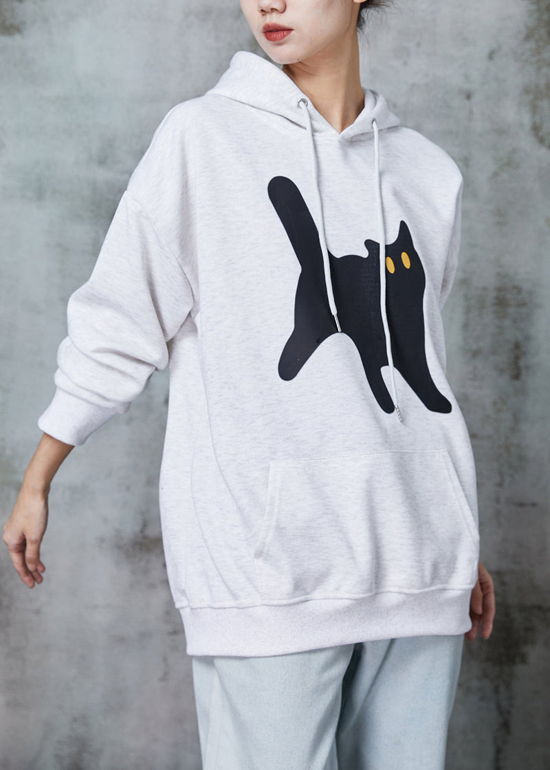 Grey Hooded Cat Print Warm Fleece Sweatshirt Tops Spring