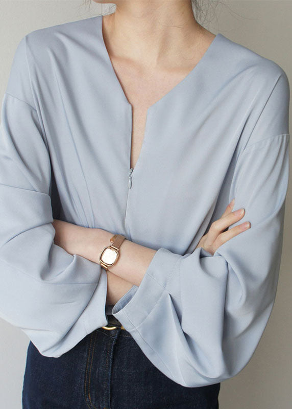 Loose Light Blue V Neck Chiffon Shirts Spring