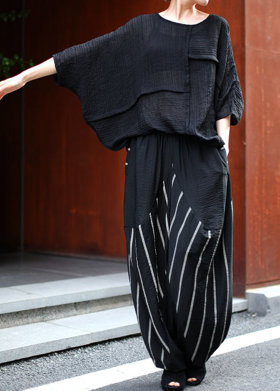 French Black O-neck Bat Wing Sleeve + Striped Patchwork Harem Pants Two Pieces Set Spring