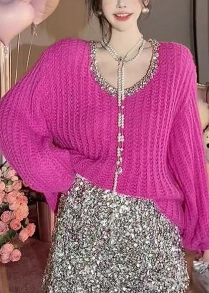 Rose Nail Bead Patchwork Knit Sweaters Long Sleeve