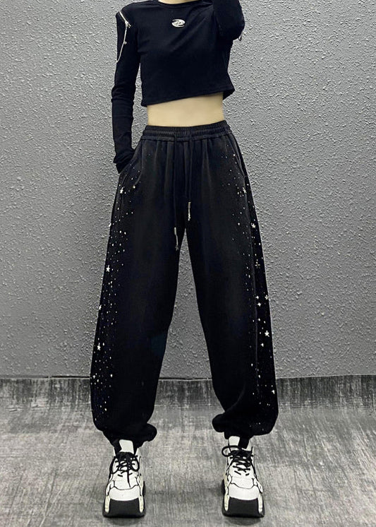 Black Pockets Zircon Warm Fleece Sport Pants Fall
