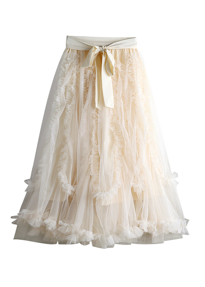 Modern Apricot Ruffled Bow Tie Waist Elastic Waist Tulle a Line Skirts Spring