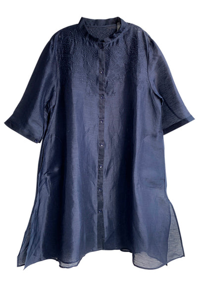 Navy Embroideried Button Blouses Three Quarter Sleeve