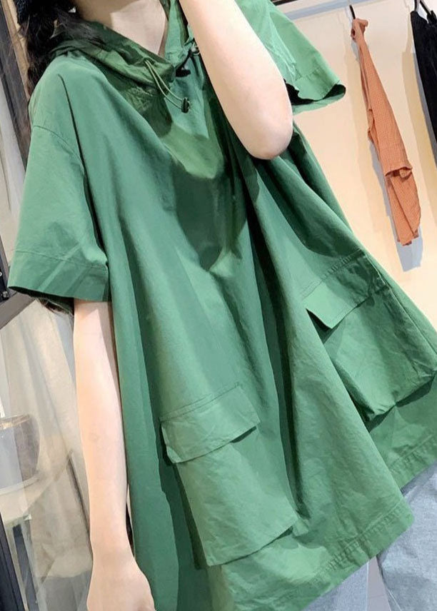 Green Hooded Pockets Drawstring Fall Short Sleeve Blouses