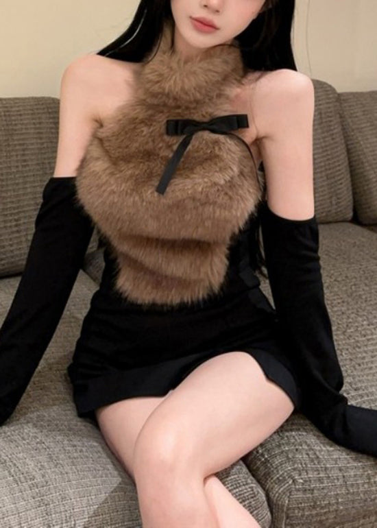 Coffee Bow Fur Hanging Neck Off Shoulder Short Top